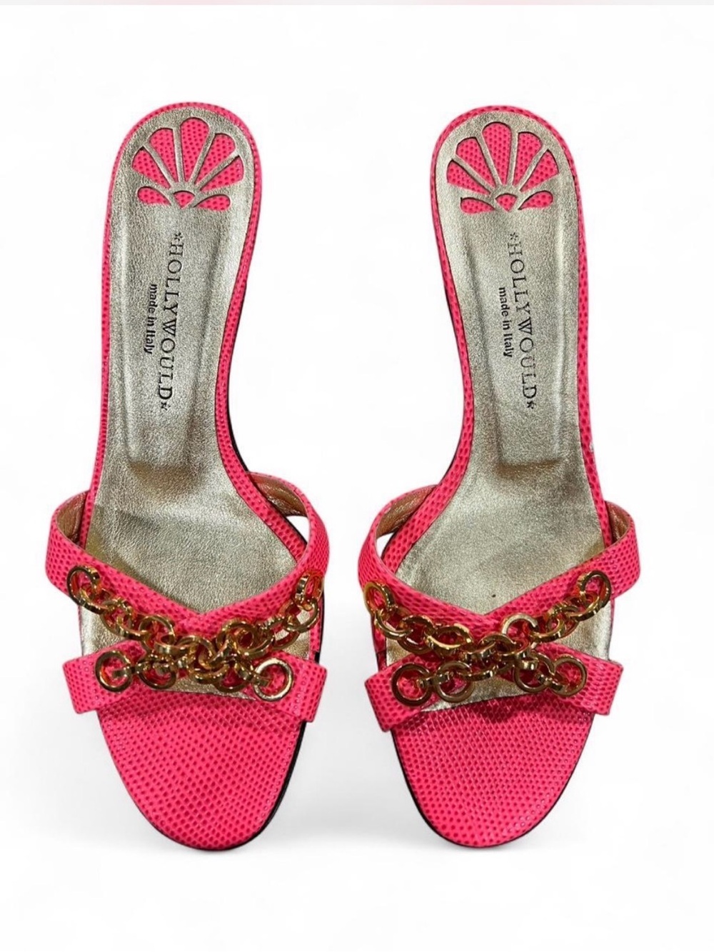 Pink Hollywould Kitten Heels Slide with Gold Chain Accent - Picture 2 of 3